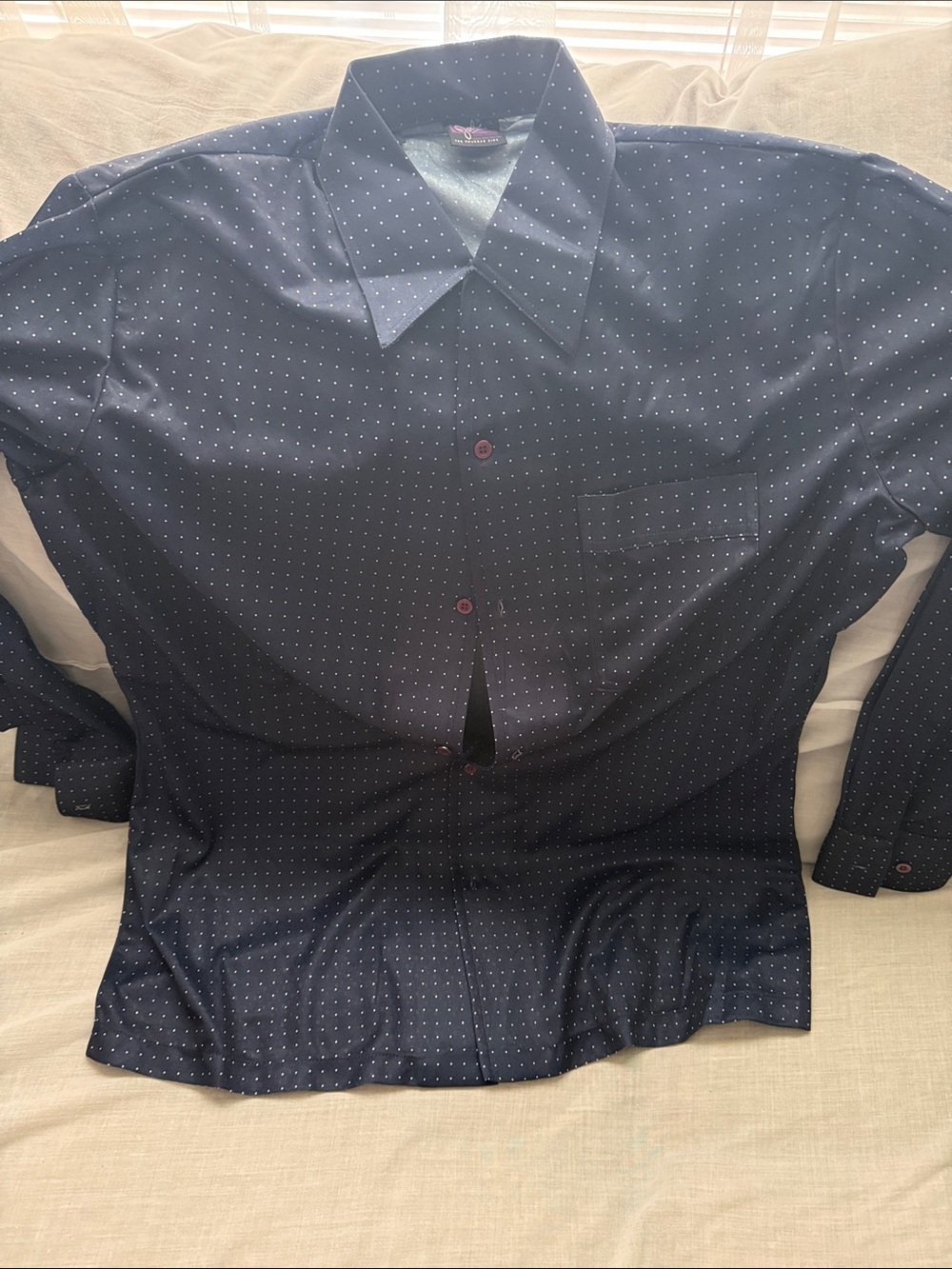 Men's Navy Dot-Pattern Long-Sleeve Dress Shirt vintage Joel  Size large